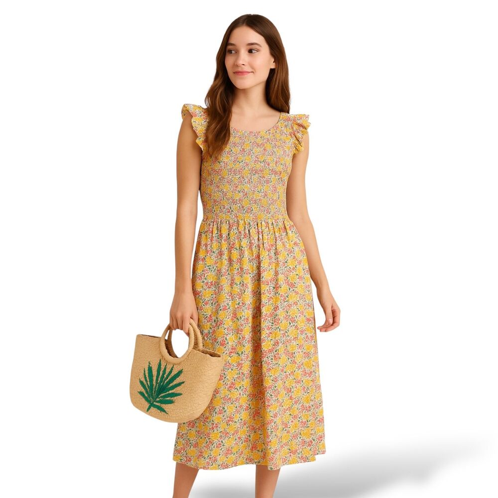 Cool Mode Ditsy Floral Smocked Bodice Midi Dress - Size L | Large